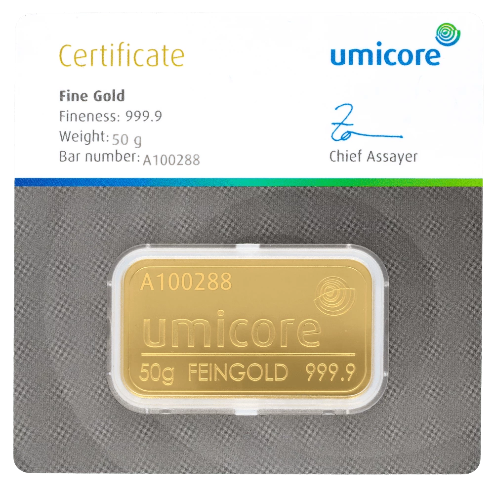 Goudbaar Umicore 50 gram met certificaat